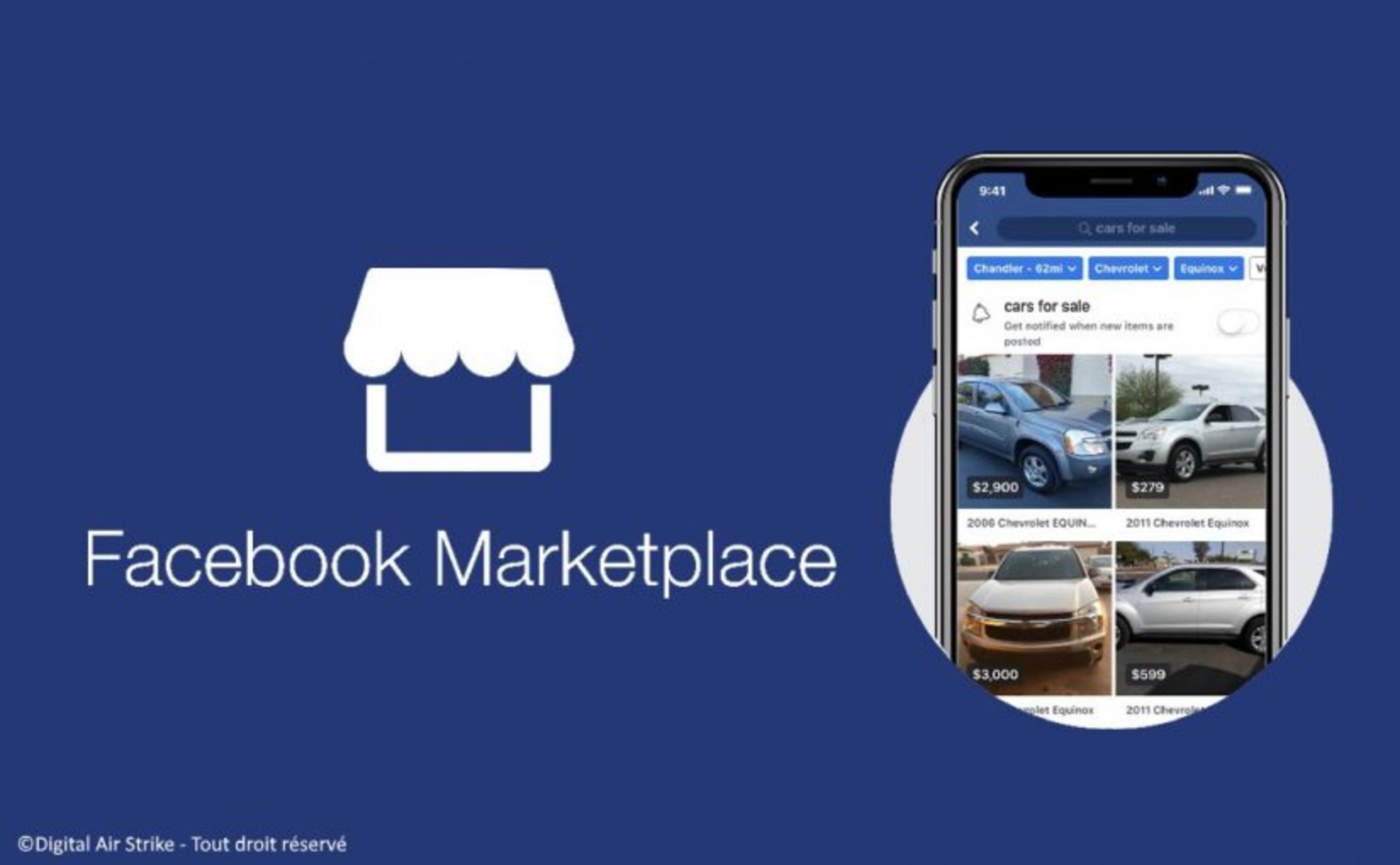 facebook marketplace : interface mobile avec icône boutique et annonces de voitures à vendre