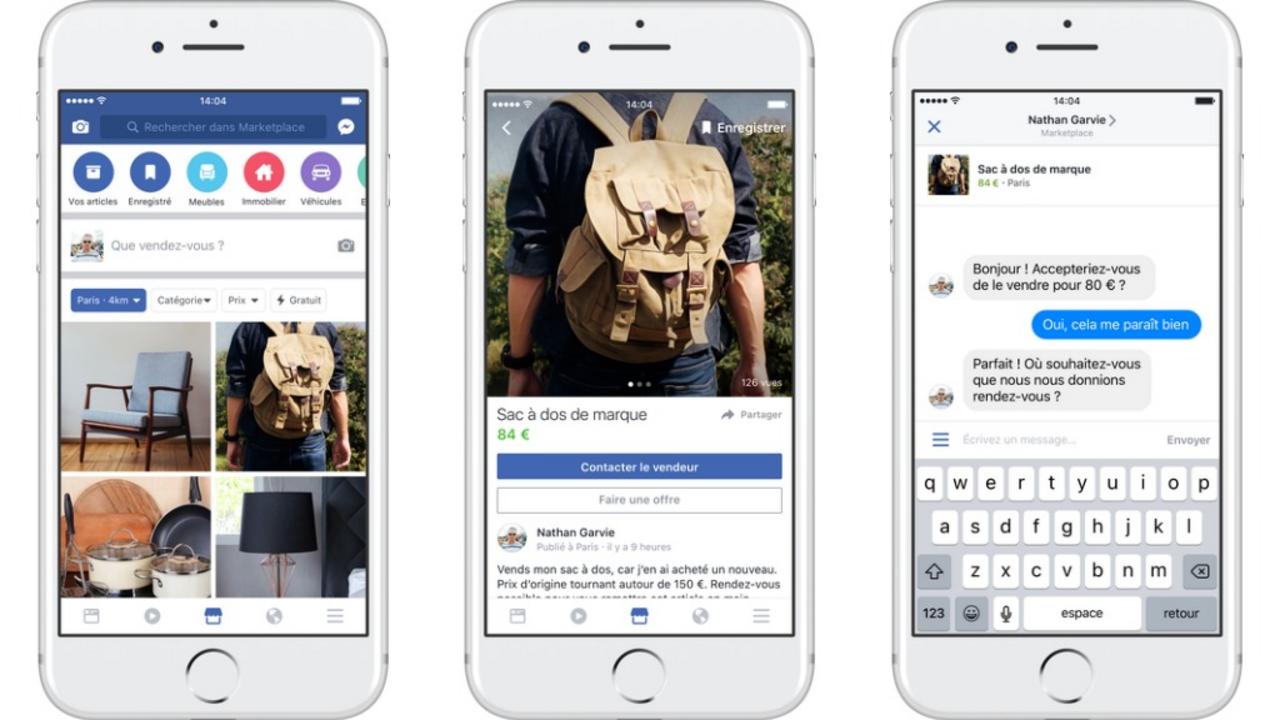 interface facebook marketplace montrant recherche produits, détail annonce sac à dos et conversation vendeur