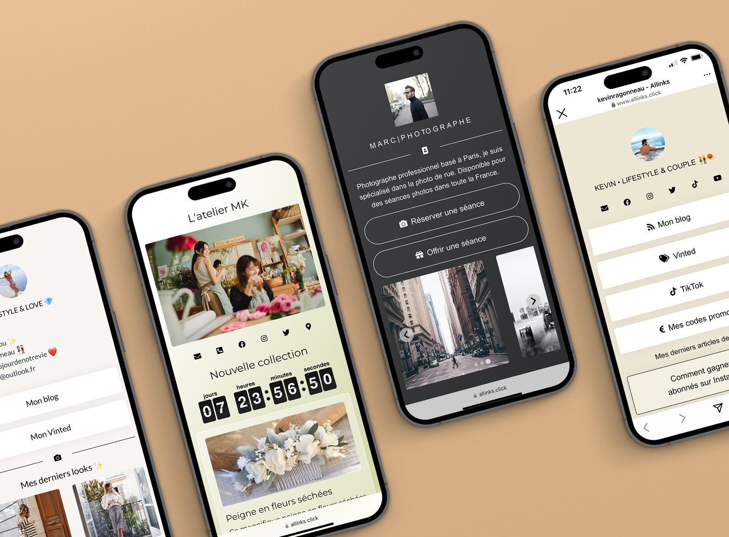 trois smartphones affichant des pages Allinks personnalisées avec photos et liens sociaux